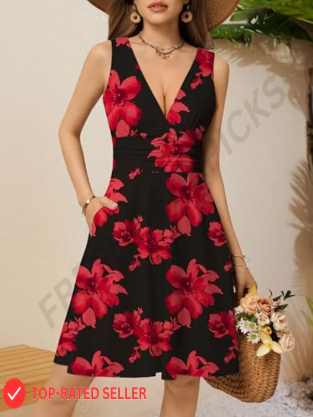 Deep V Neck Sleeveless Floral Sundress with Pockets Flowy Summer Dress - Picture 5 of 7